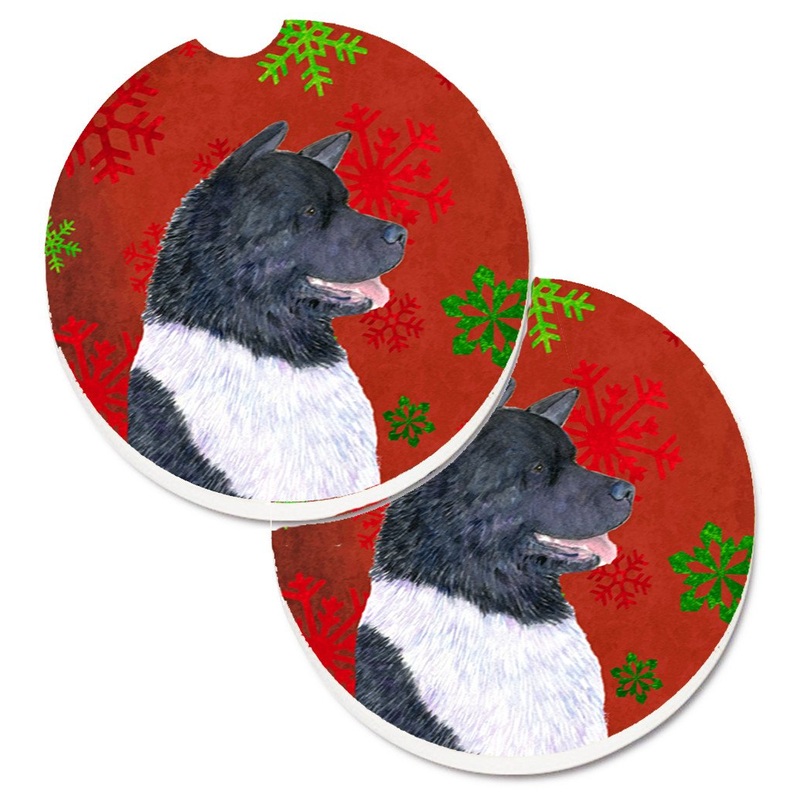 Akita Red and Green Snowflakes Holiday Christmas Car Coasters  Set of 2 - Absorbent Stone with Fun & Functional Artwork SS4728CARC