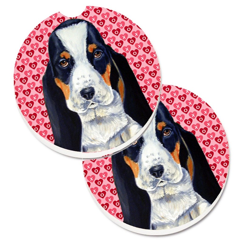 Basset Hound Hearts Love and Valentine's Day Portrait Car Coasters  Set of 2 - Absorbent Stone with Fun & Functional Artwork LH9149CARC