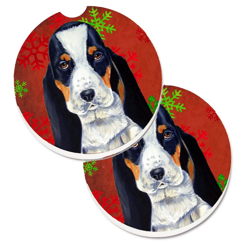 Basset Hound Red and Green Snowflakes Holiday Christmas Car Coasters  Set of 2 - Absorbent Stone with Fun & Functional Artwork LH9329CARC