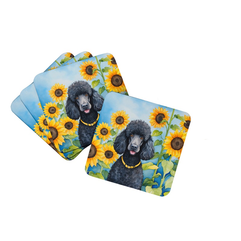 Black Poodle in Sunflowers Coasters - Set of 4 Lightweight Foam, Absorbent Drink Coasters
