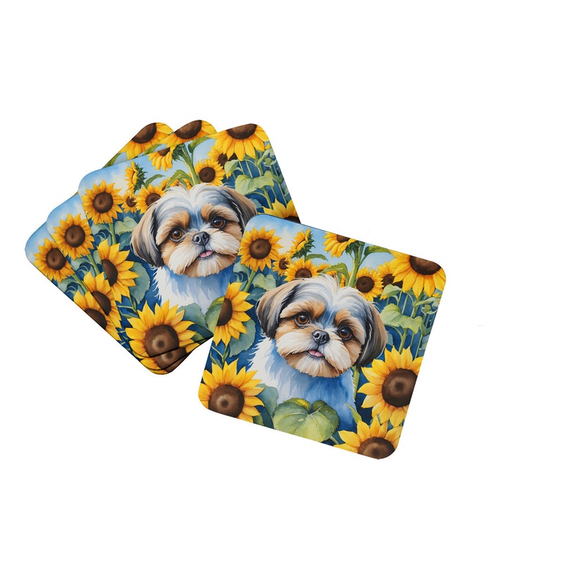 Shih Tzu in Sunflowers Coasters - Set of 4 Lightweight Foam, Absorbent Drink Coasters