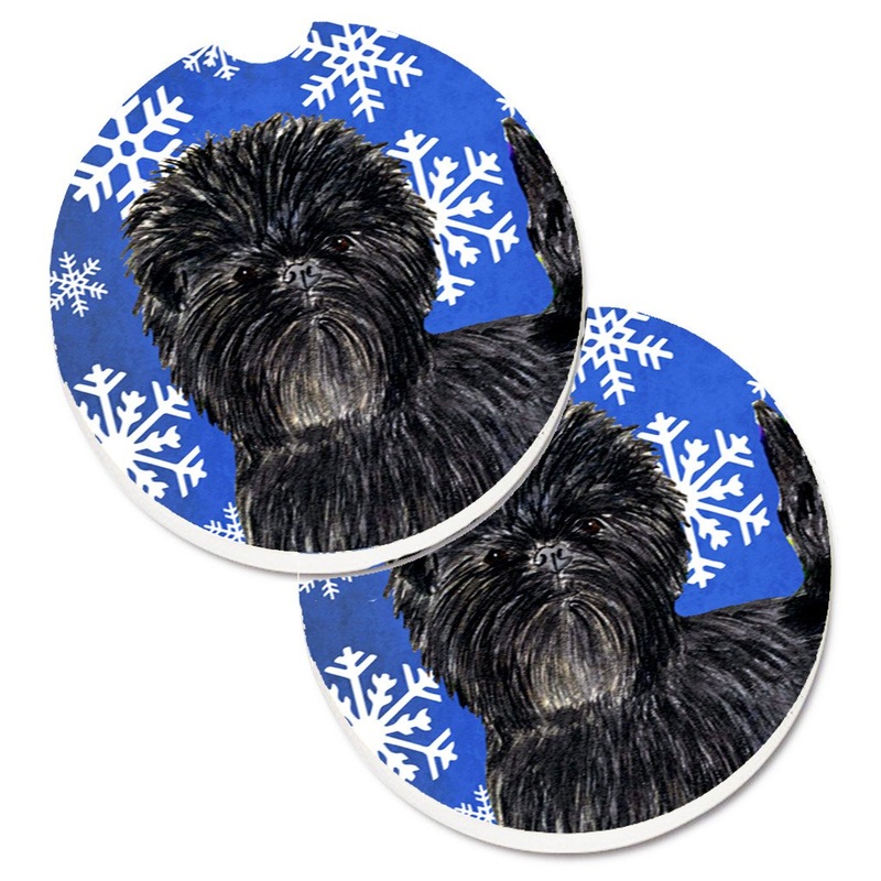 Affenpinscher Winter Snowflakes Holiday Car Coasters  Set of 2 - Absorbent Stone with Fun & Functional Artwork SS4649CARC