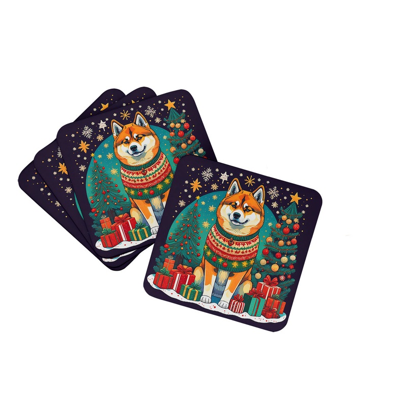 Akita Christmas Coasters - Set of 4 Lightweight Foam, Absorbent Drink Coasters