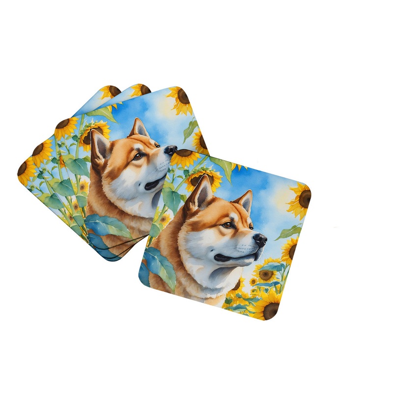 Akita in Sunflowers Coasters - Set of 4 Lightweight Foam, Absorbent Drink Coasters