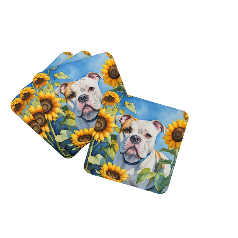American Bulldog in Sunflowers Coasters - Set of 4 Lightweight Foam, Absorbent Drink Coasters