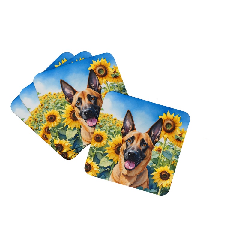 Belgian Malinois in Sunflowers Coasters - Set of 4 Lightweight Foam, Absorbent Drink Coasters