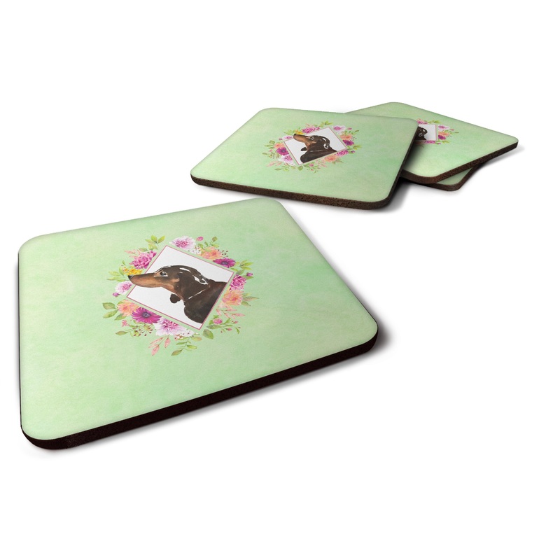 Black and Tan Dachshund Green Flowers Coasters - Set of 4 Lightweight Foam, Absorbent Drink Coasters  CK4422FC