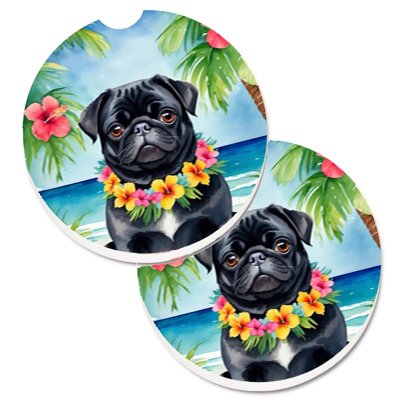 Black Pug Luau Car Coasters  Set of 2 - Absorbent Stone with Fun & Functional Artwork