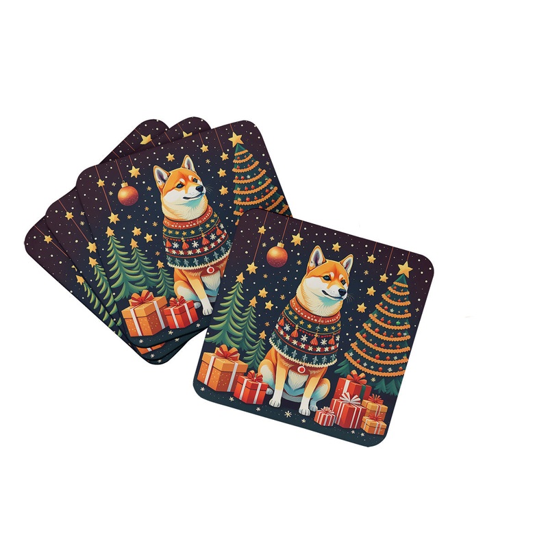 Shiba Inu Christmas Coasters - Set of 4 Lightweight Foam, Absorbent Drink Coasters