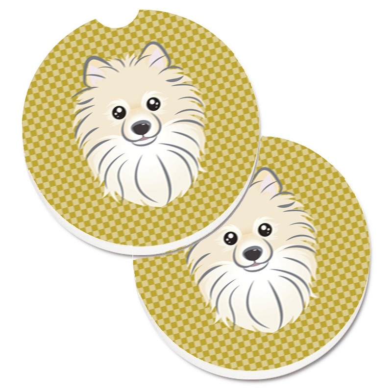 Tan Checkered Pomeranian Car Coasters  Set of 2 - Absorbent Stone with Fun & Functional Artwork BB1135CARC