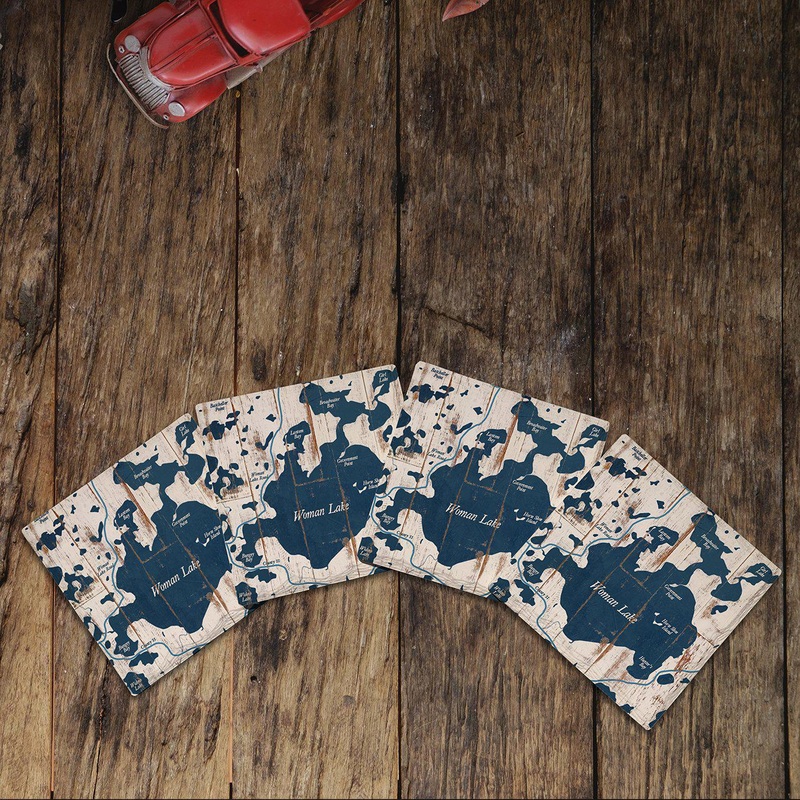 Woman Lake, Minnesota Map Coasters | Drink Coaster Set of 4 | Absorbent Ridged Ceramic with Cork Backing | Cass Lake Chain Girl Lake