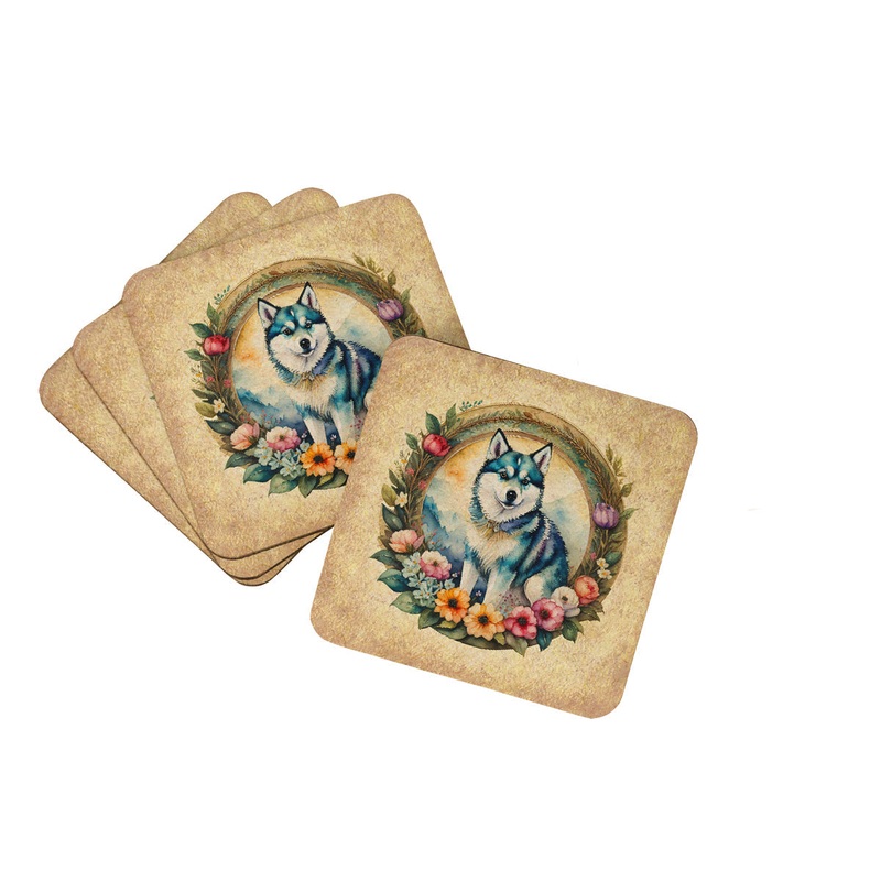 Alaskan Klee Kai and Flowers Coasters - Set of 4 Lightweight Foam, Absorbent Drink Coasters