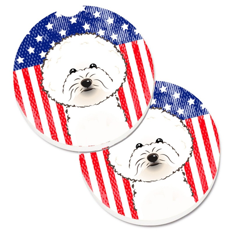 American Flag and Bichon Frise Car Coasters  Set of 2 - Absorbent Stone with Fun & Functional Artwork BB2147CARC