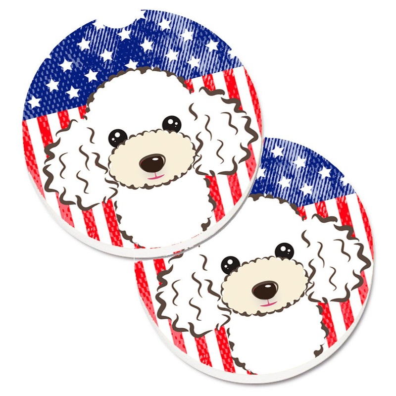 American Flag and White Poodle Car Coasters  Set of 2 - Absorbent Stone with Fun & Functional Artwork BB2187CARC