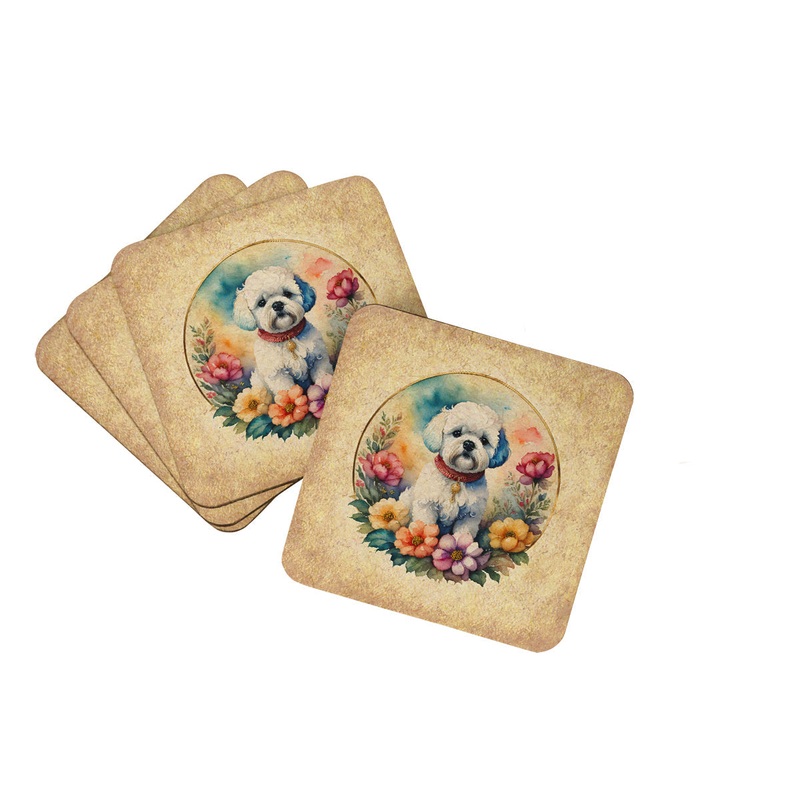Bichon Frise and Flowers Coasters - Set of 4 Lightweight Foam, Absorbent Drink Coasters