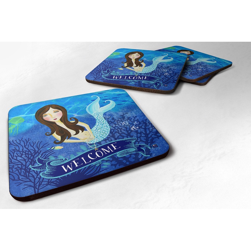 Welcome Mermaid Coasters - Set of 4 Lightweight Foam, Absorbent Drink Coasters VHA3010FC