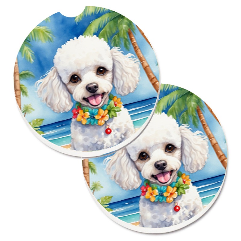 White Poodle Luau Car Coasters  Set of 2 - Absorbent Stone with Fun & Functional Artwork