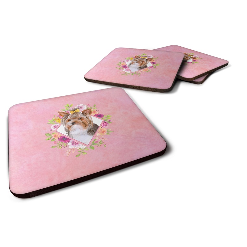 Yorkshire Terrier #1 Pink Flowers Coasters - Set of 4 Lightweight Foam, Absorbent Drink Coasters  CK4194FC