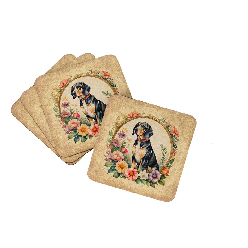 American English Coonhound and Flowers Coasters - Set of 4 Lightweight Foam, Absorbent Drink Coasters
