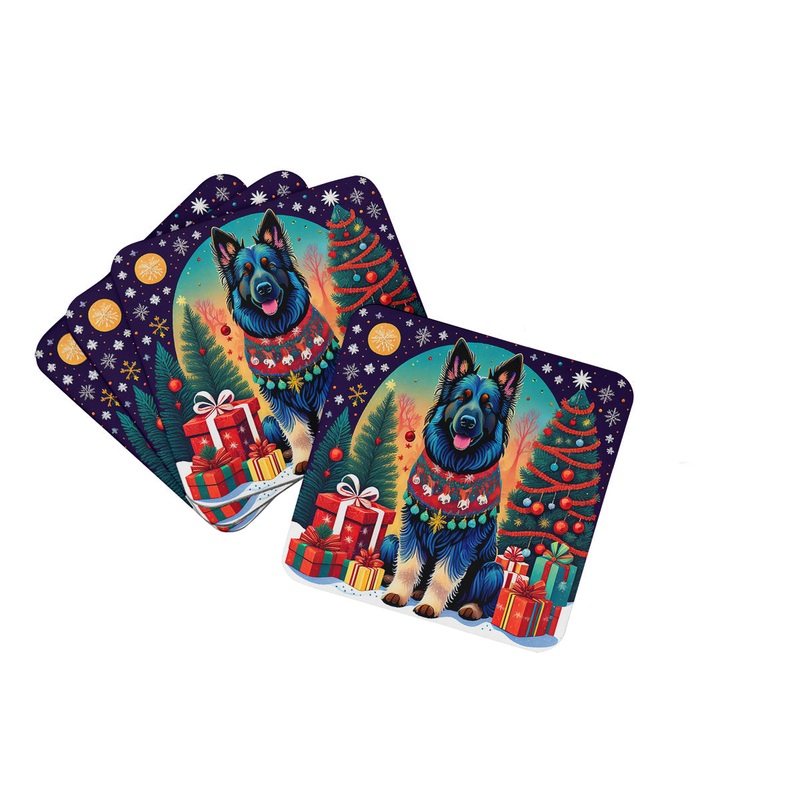 Belgian Sheepdog Christmas Coasters - Set of 4 Lightweight Foam, Absorbent Drink Coasters