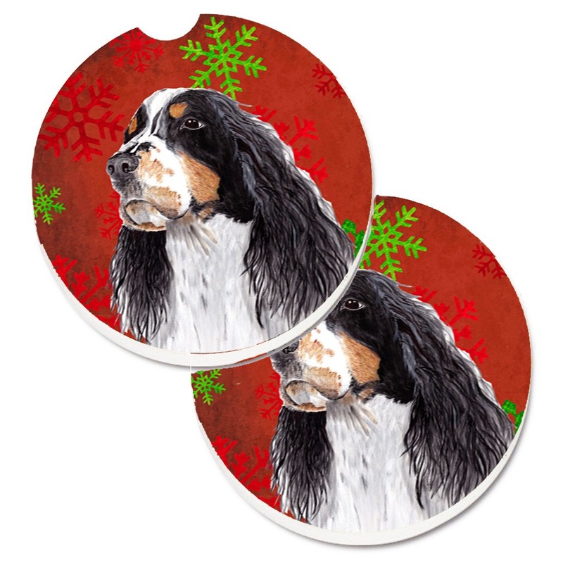 Springer Spaniel Red and Green Snowflakes Holiday Christmas Car Coasters  Set of 2 - Absorbent Stone with Fun & Functional Artwork SC9401CARC