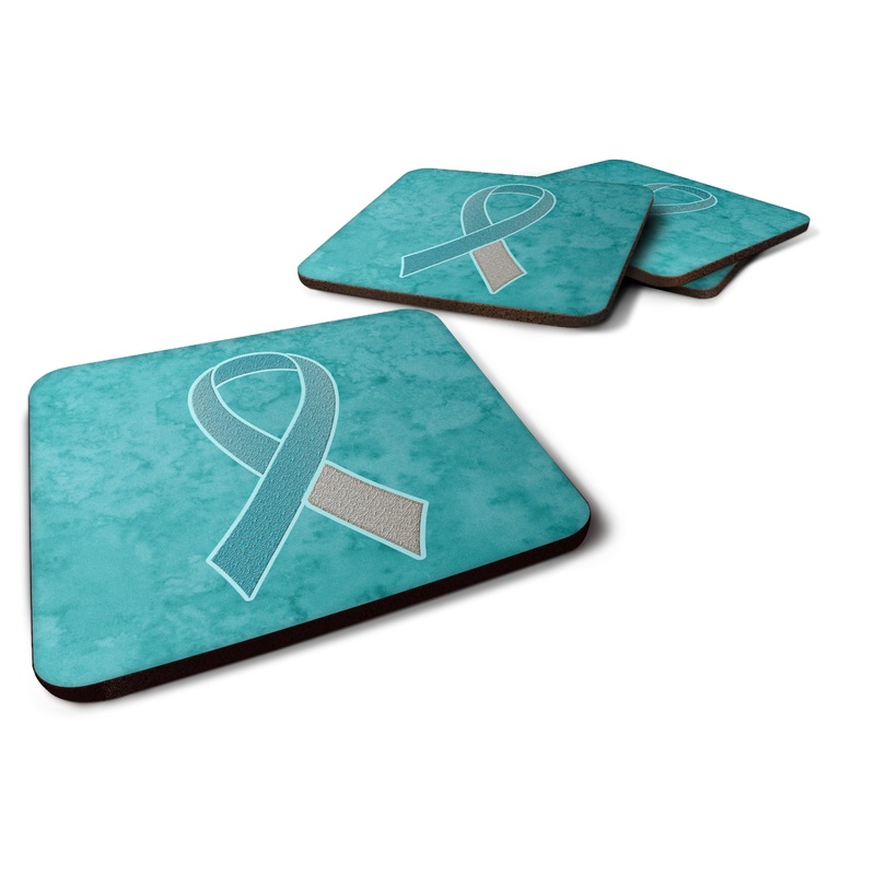 Teal and White Ribbon for Cervical Cancer Awareness Coasters - Set of 4 Lightweight Foam, Absorbent Drink Coasters AN1215FC