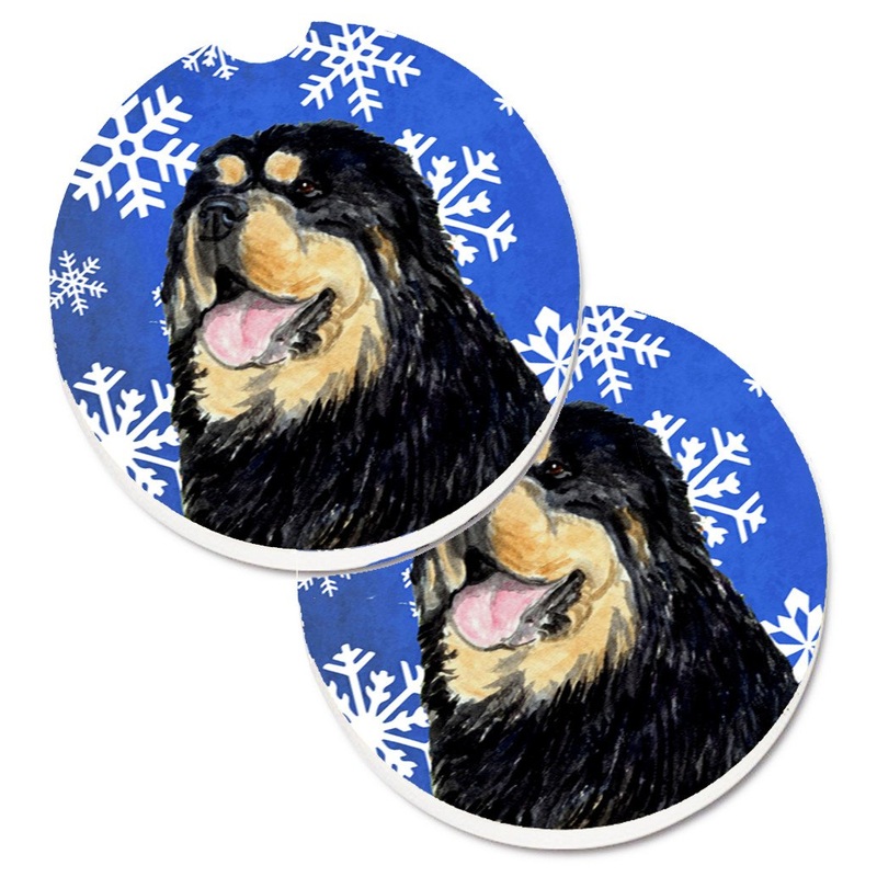 Tibetan Mastiff Winter Snowflakes Holiday Car Coasters  Set of 2 - Absorbent Stone with Fun & Functional Artwork SS4650CARC