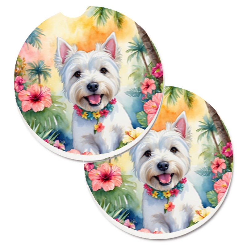 Westie Luau Car Coasters  Set of 2 - Absorbent Stone with Fun & Functional Artwork