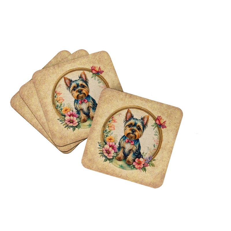Yorkshire Terrier and Flowers Coasters - Set of 4 Lightweight Foam, Absorbent Drink Coasters