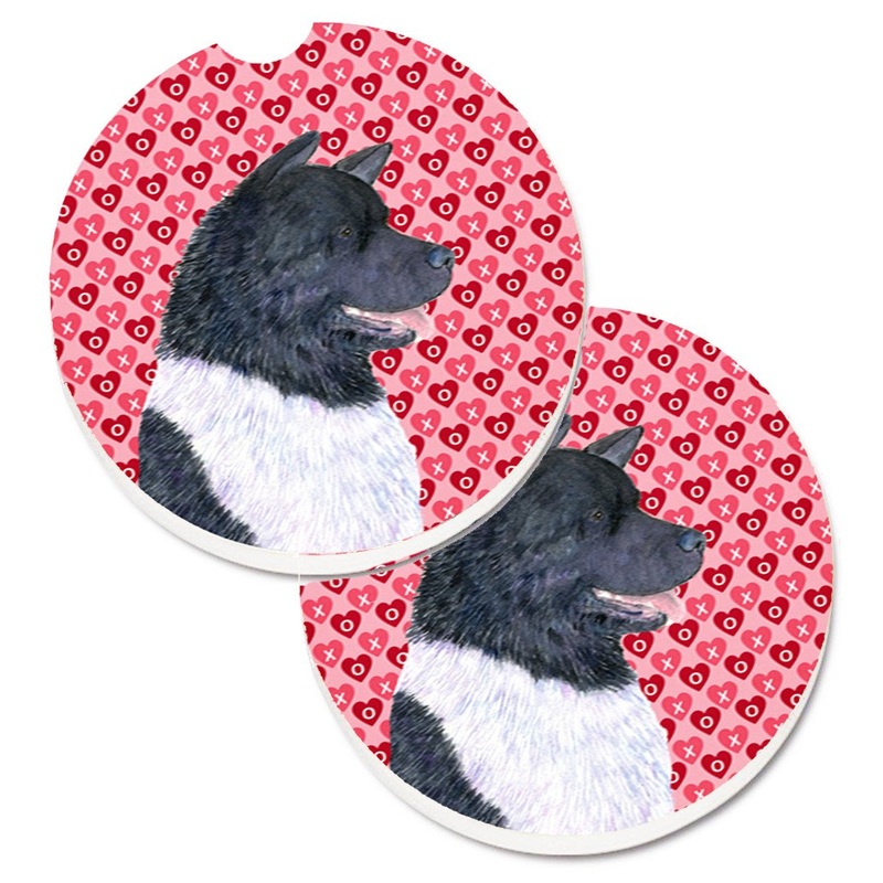 Akita Hearts Love and Valentine's Day Portrait Car Coasters  Set of 2 - Absorbent Stone with Fun & Functional Artwork SS4521CARC