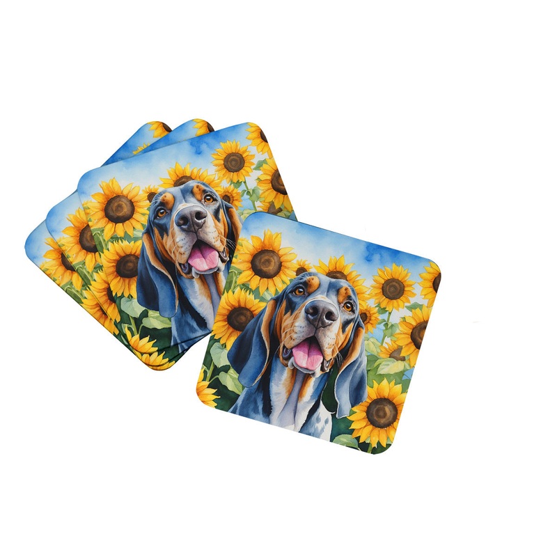 American English Coonhound in Sunflowers Coasters - Set of 4 Lightweight Foam, Absorbent Drink Coasters