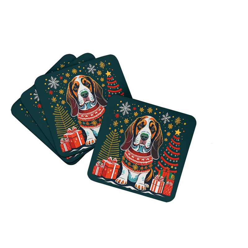 Basset Hound Christmas Coasters - Set of 4 Lightweight Foam, Absorbent Drink Coasters