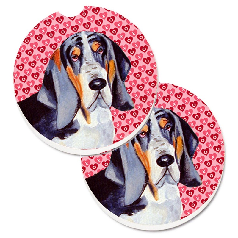 Basset Hound Hearts Love and Valentine's Day Portrait Car Coasters  Set of 2 - Absorbent Stone with Fun & Functional Artwork LH9147CARC