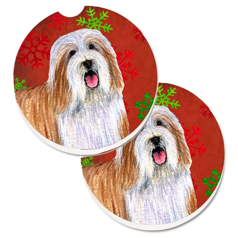 Bearded Collie Red and Green Snowflakes Holiday Christmas Car Coasters  Set of 2 - Absorbent Stone with Fun & Functional Artwork LH9330CARC