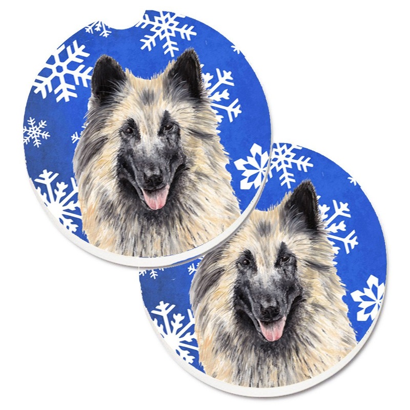 Belgian Tervuren Winter Snowflakes Holiday Car Coasters  Set of 2 - Absorbent Stone with Fun & Functional Artwork SC9392CARC