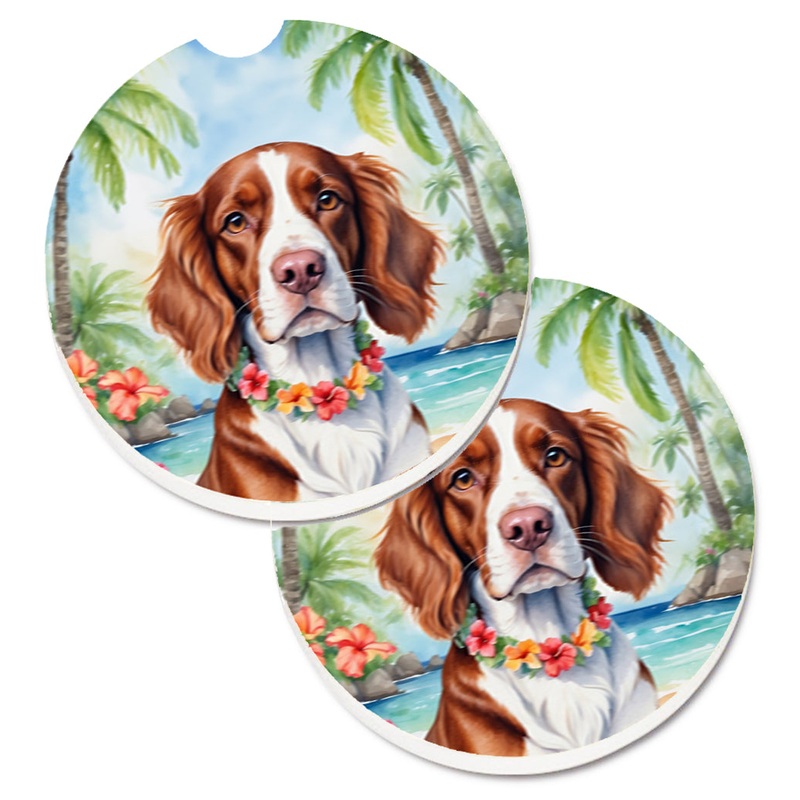 Welsh Springer Spaniel Luau Car Coasters  Set of 2 - Absorbent Stone with Fun & Functional Artwork