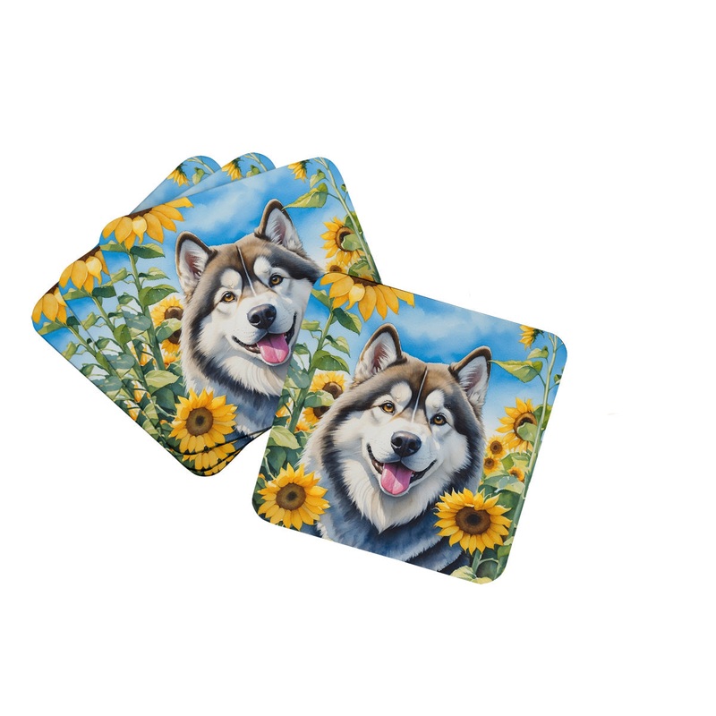 Alaskan Malamute in Sunflowers Coasters - Set of 4 Lightweight Foam, Absorbent Drink Coasters