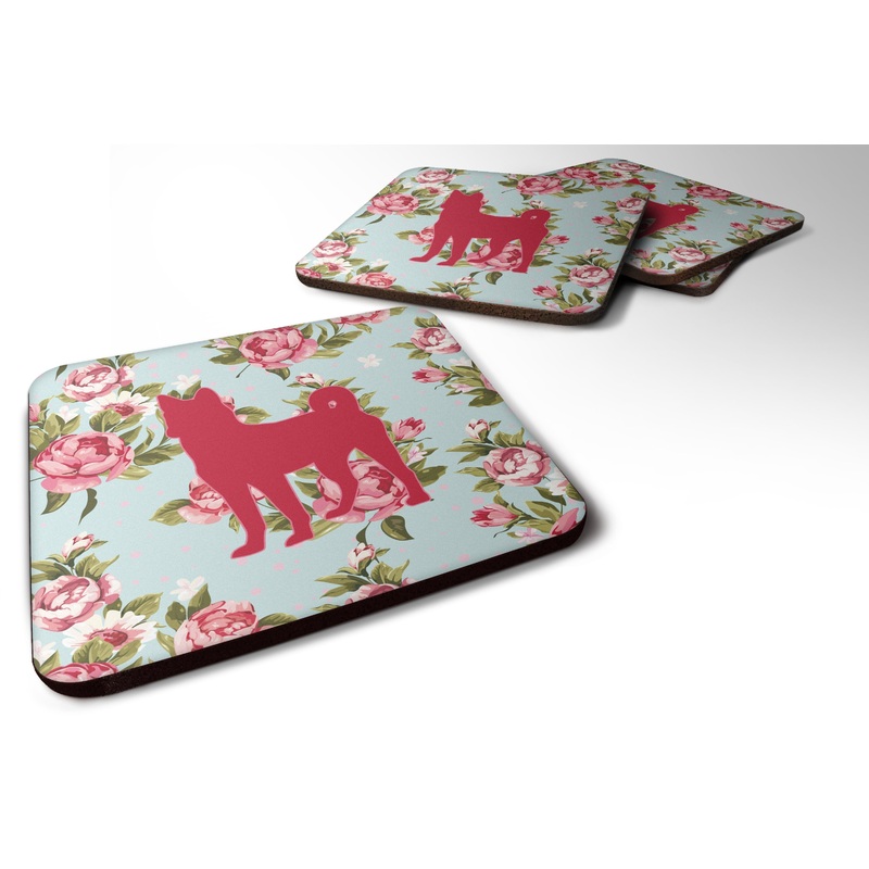 Basenji Shabby Chic Blue Roses Coasters - Set of 4 Lightweight Foam, Absorbent Drink Coasters