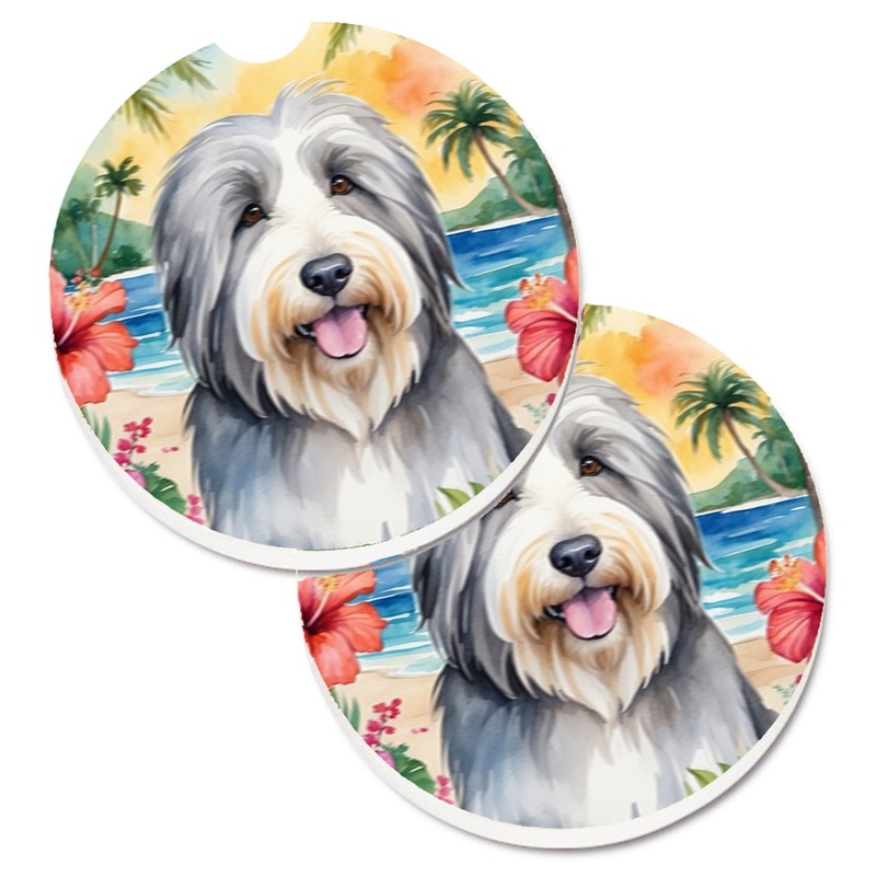 Bearded Collie Luau Car Coasters  Set of 2 - Absorbent Stone with Fun & Functional Artwork