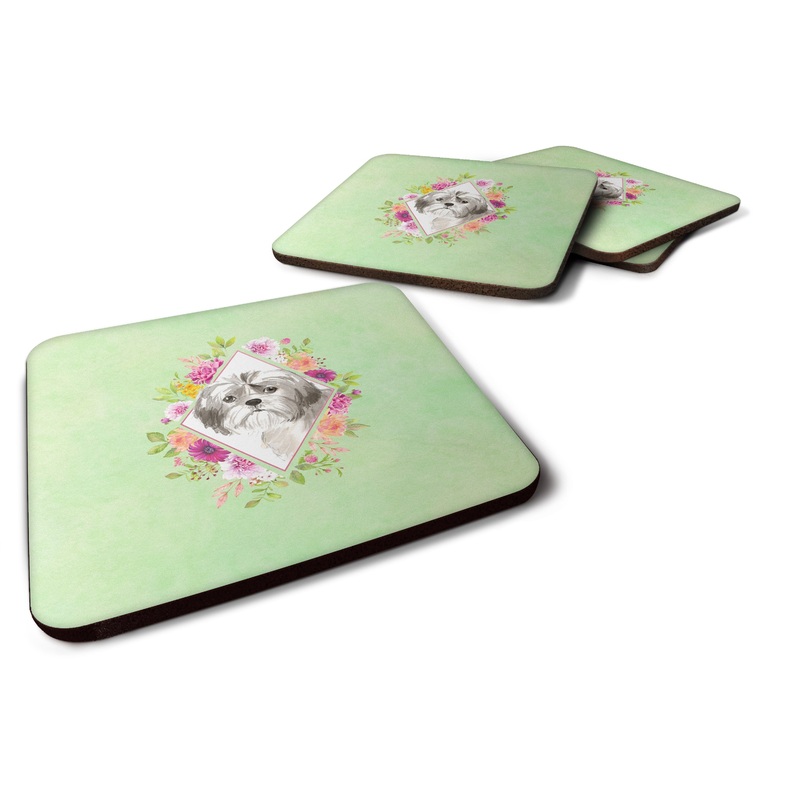 Shih Tzu Puppy Green Flowers Coasters - Set of 4 Lightweight Foam, Absorbent Drink Coasters  CK4371FC