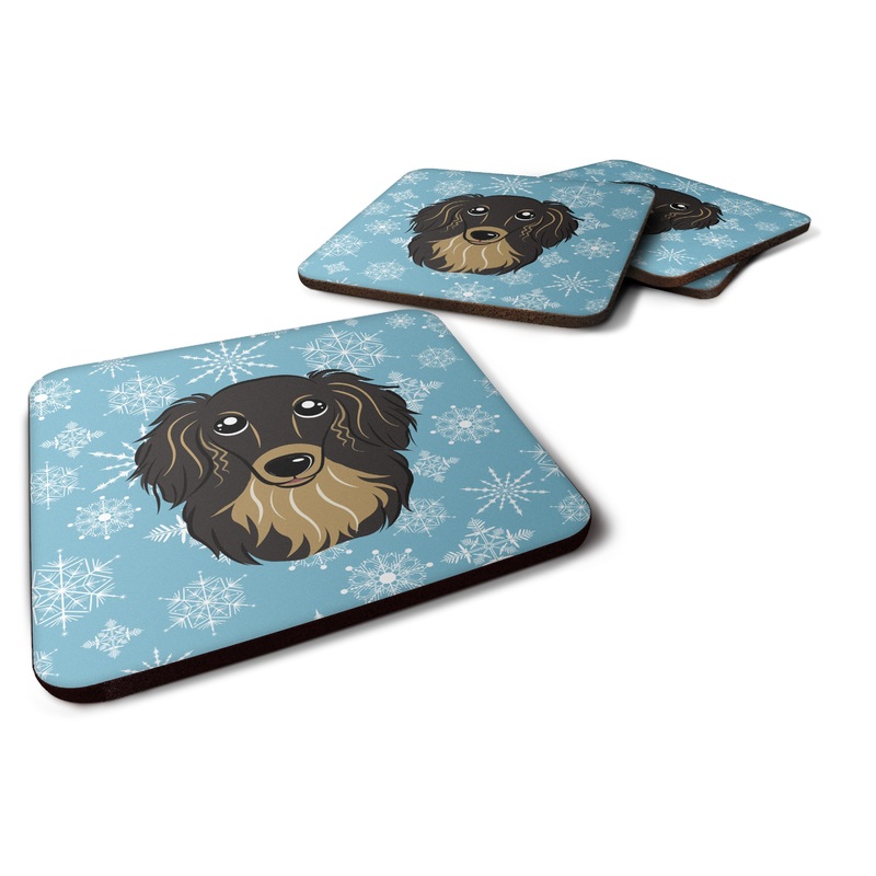 Snowflake Longhair Black and Tan Dachshund Coasters - Set of 4 Lightweight Foam, Absorbent Drink Coasters BB1647FC