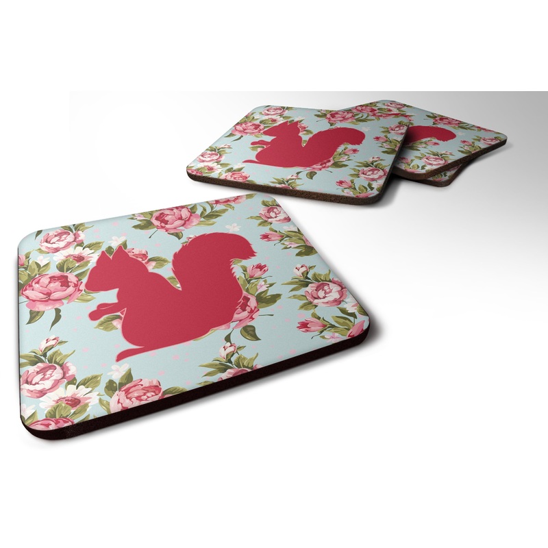 Squirrel Shabby Chic Blue Roses Coasters - Set of 4 Lightweight Foam, Absorbent Drink Coasters