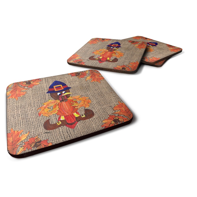 Thanksgiving Turkey Pilgrim Fleur de lis Coasters - Set of 4 Lightweight Foam, Absorbent Drink Coasters