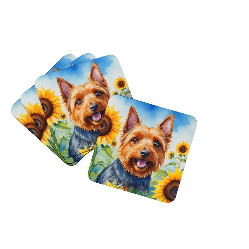 Australian Terrier in Sunflowers Coasters - Set of 4 Lightweight Foam, Absorbent Drink Coasters