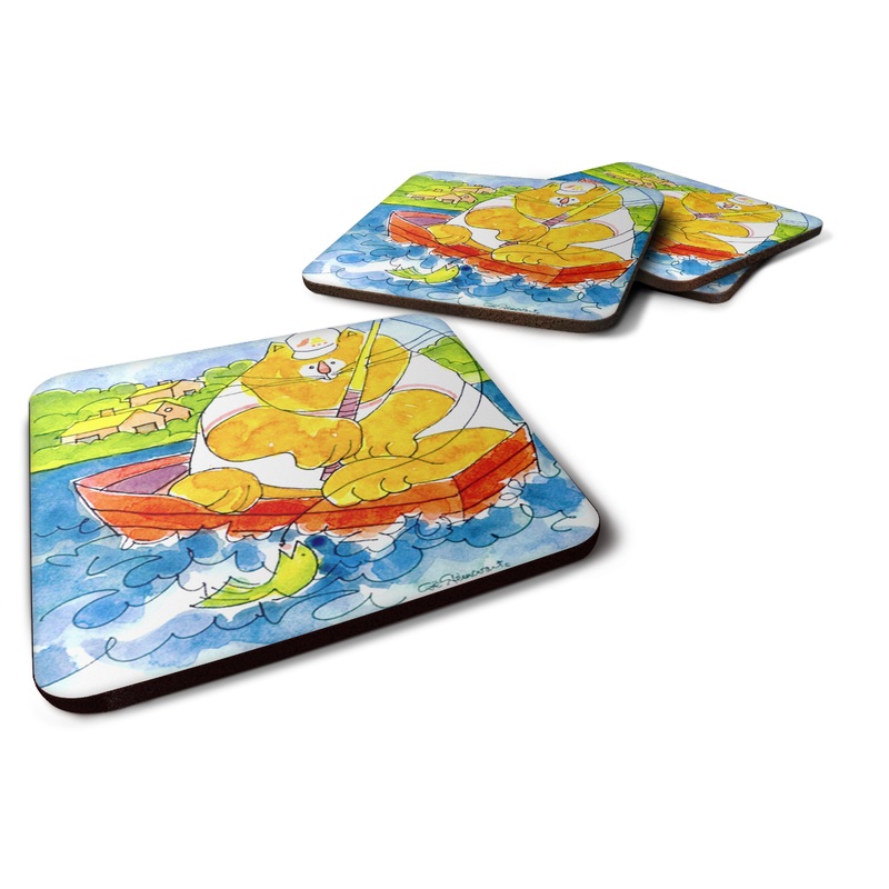 Big Orange Cat Fishing Coasters - Set of 4 Lightweight Foam, Absorbent Drink Coasters