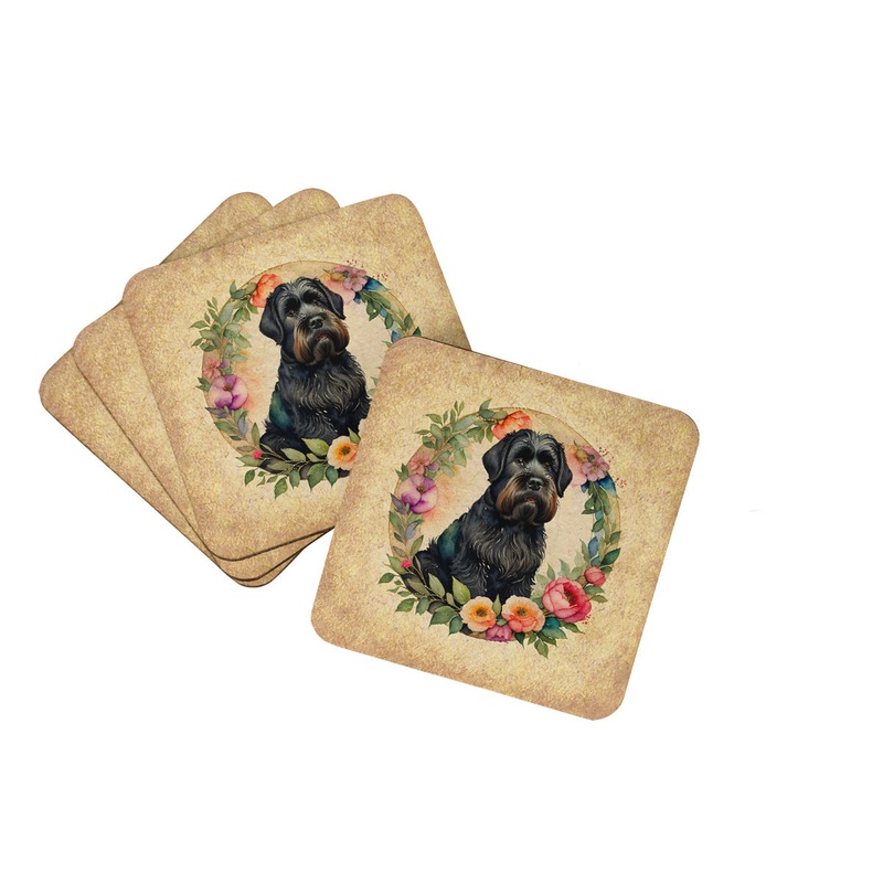 Black Russian Terrier and Flowers Coasters - Set of 4 Lightweight Foam, Absorbent Drink Coasters