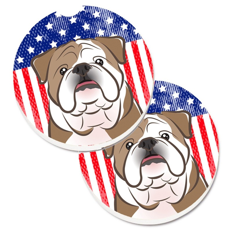 American Flag and English Bulldog  Car Coasters  Set of 2 - Absorbent Stone with Fun & Functional Artwork BB2149CARC