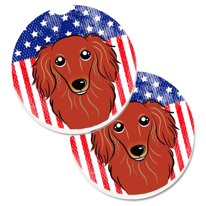 American Flag and Longhair Red Dachshund Car Coasters  Set of 2 - Absorbent Stone with Fun & Functional Artwork BB2144CARC