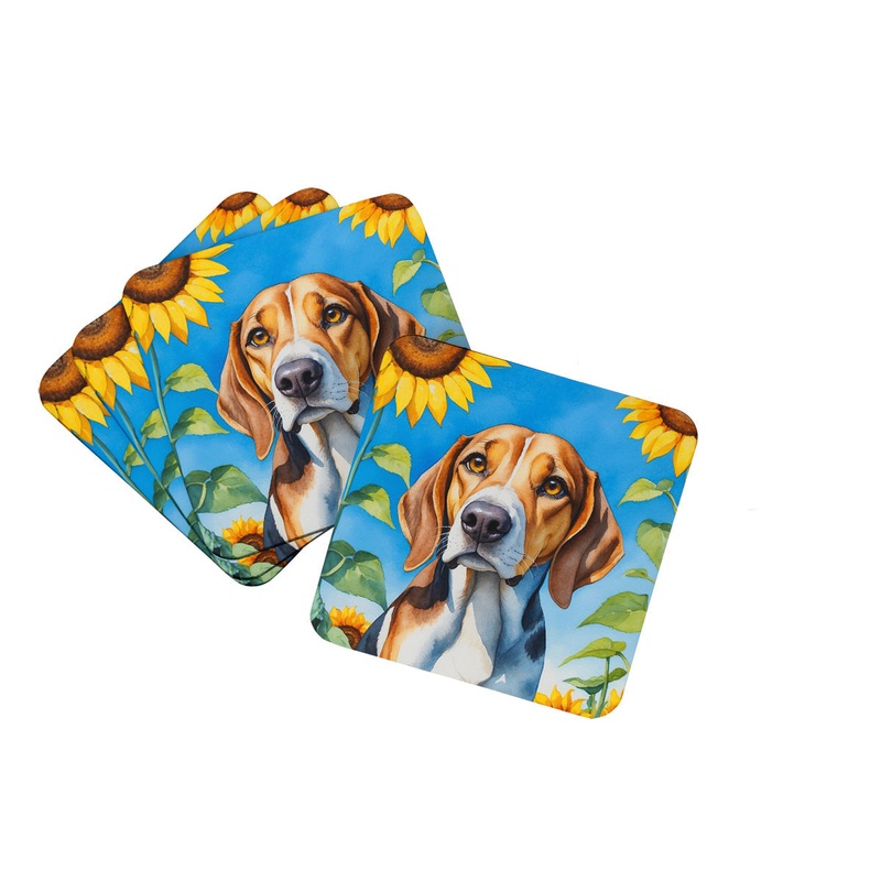 American Foxhound in Sunflowers Coasters - Set of 4 Lightweight Foam, Absorbent Drink Coasters