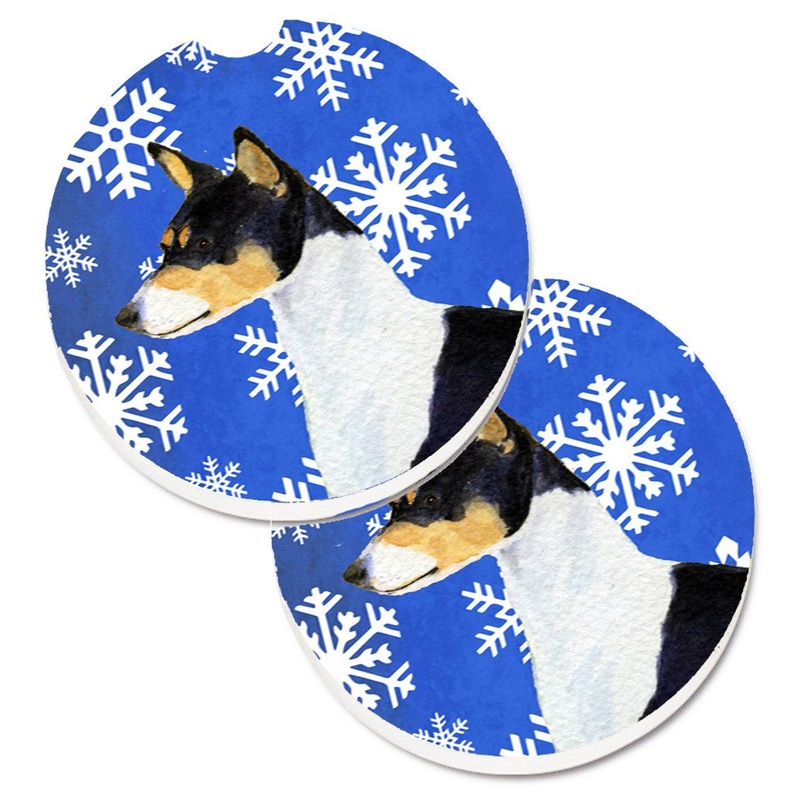 Basenji Winter Snowflakes Holiday Car Coasters  Set of 2 - Absorbent Stone with Fun & Functional Artwork SS4652CARC